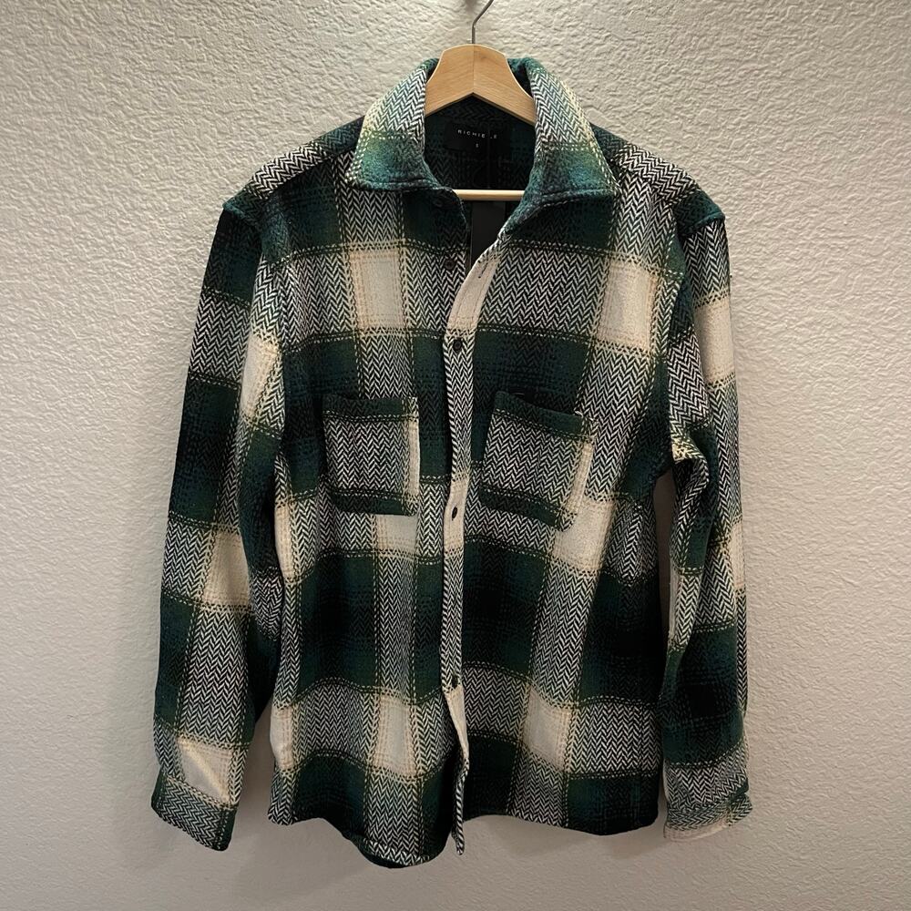 NWT Richie Le Plaid Wool Blend Shirt Jacket Green Herringbone Flannel Size S - Picture 2 of 6